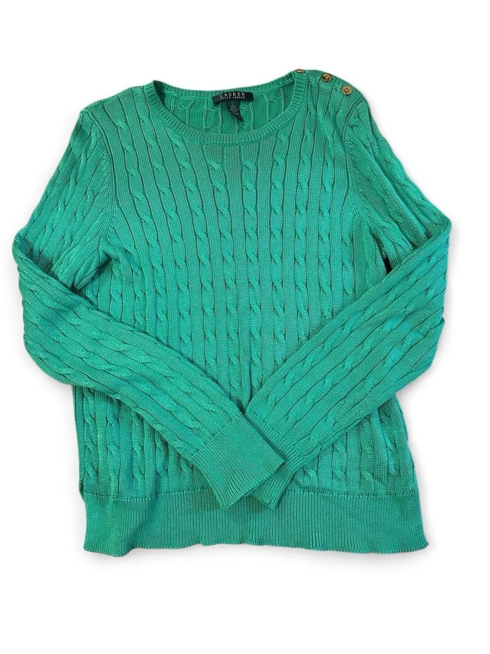 Lauren Ralph Lauren Green Cable-Knit Crewneck Sweater with Shoulder Buttons